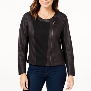 Style & Co Faux Leather Panel Moto Jacket Black Metallic Zip Front M
